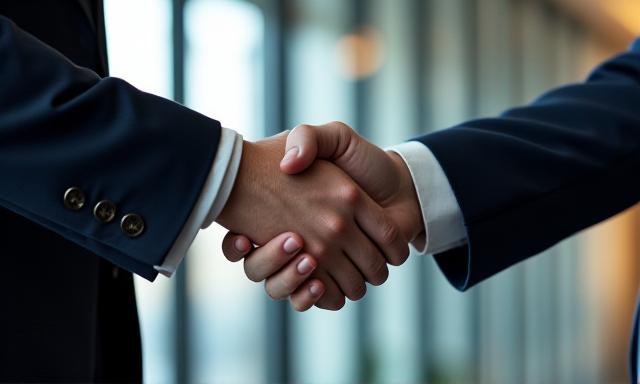A handshake with a blurred office background