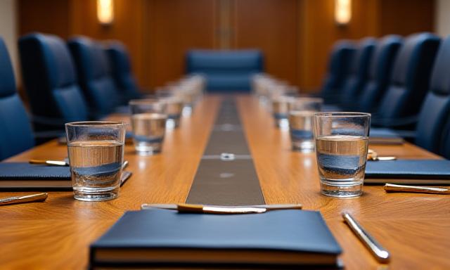 A professional board room meeting setup with notebooks and pens