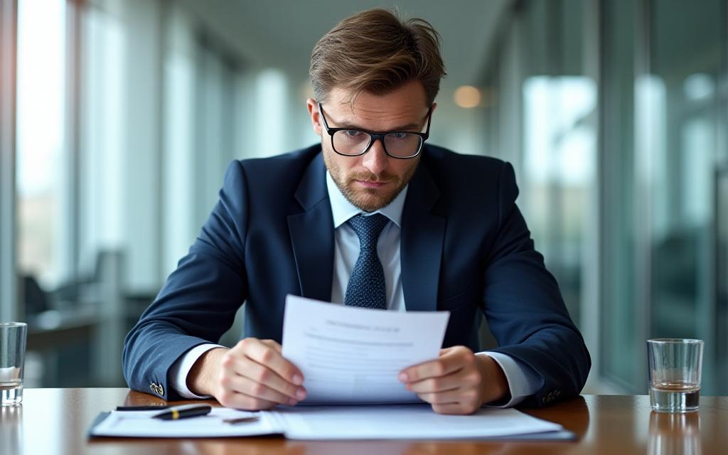 A business professional reviewing a document with a look of concern in a modern office