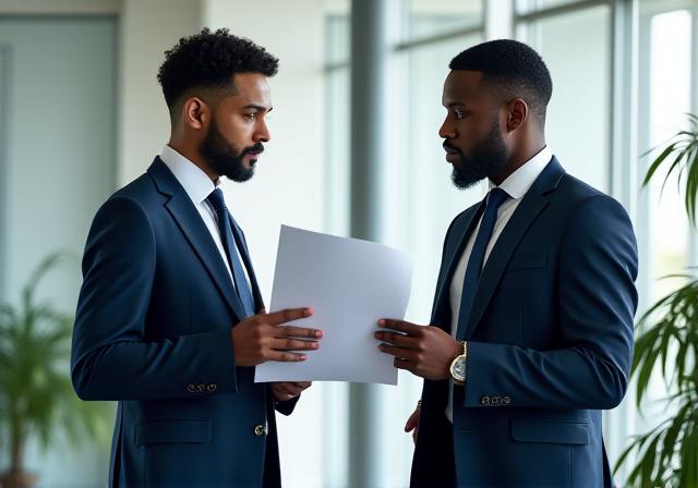 Business professionals negotiating a contract in a London office