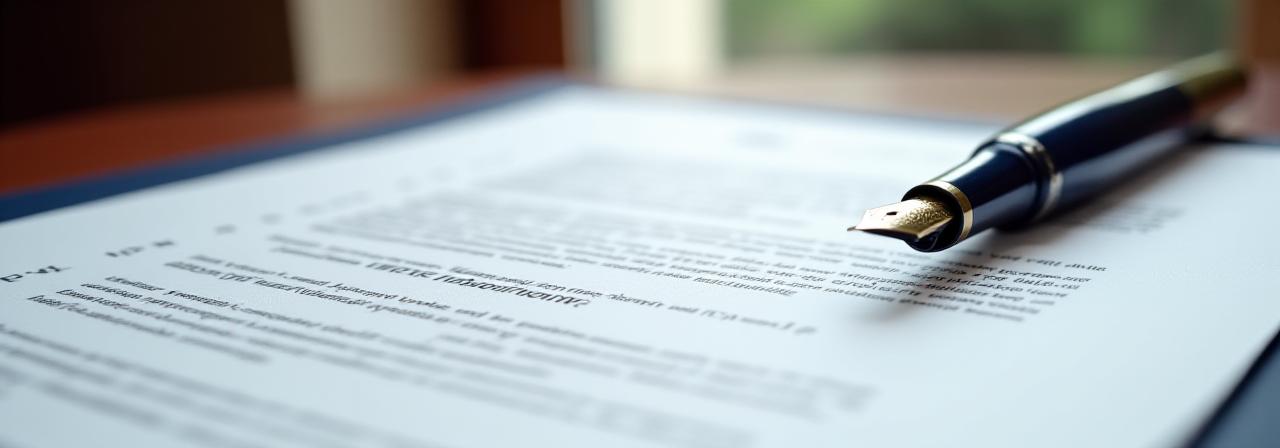 Close-up of a professional legal contract with a fountain pen on a mahogany desk